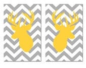 Chevron Deer Duo - Set of Two 13x19 Prints - Chevron Design Pattern with Deer Head Silhouette - Choose Your Colors - Shown in Gray, Yellow