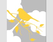 Bird in the Clouds - 8x10 Nursery Art Print - Bird on a Branch Silhouette - Choose Your Colors - Shown in Yellow and Gray