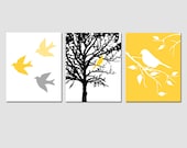 Modern Bird Trio - Set of Three 8x10 Prints - Birds, Branches, Tree - Choose Your Colors - Shown in Yellow, Gray, Black, White, and More