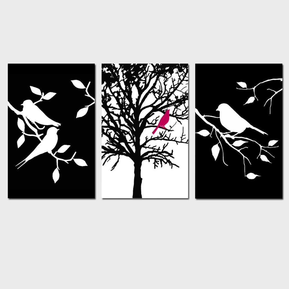 Modern Bird Trio - Set of Three 11x17 Prints - Perfect for Nursery - Choose Your Colors - Shown in Black, White, Raspberry