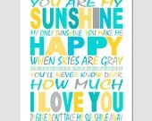 You Are My Sunshine, My Only Sunshine - 11x14 Print - Kids Wall Art for Bedroom or Nursery - Choose Your Colors