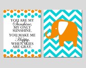 You Are My Sunshine Polka Dot and Chevron Elephant - Set of Two 11x14 Prints - Modern Nursery Art - Choose Your Colors