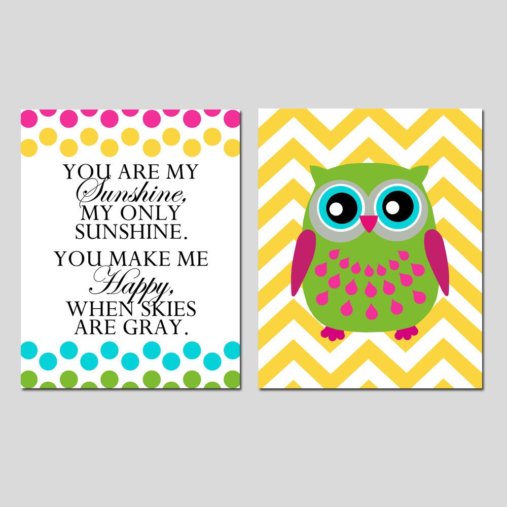 Set of Two 8x10 Prints - You Are My Sunshine Polka Dot and Chevron Owl - Modern Nursery Art - Choose Your Colors