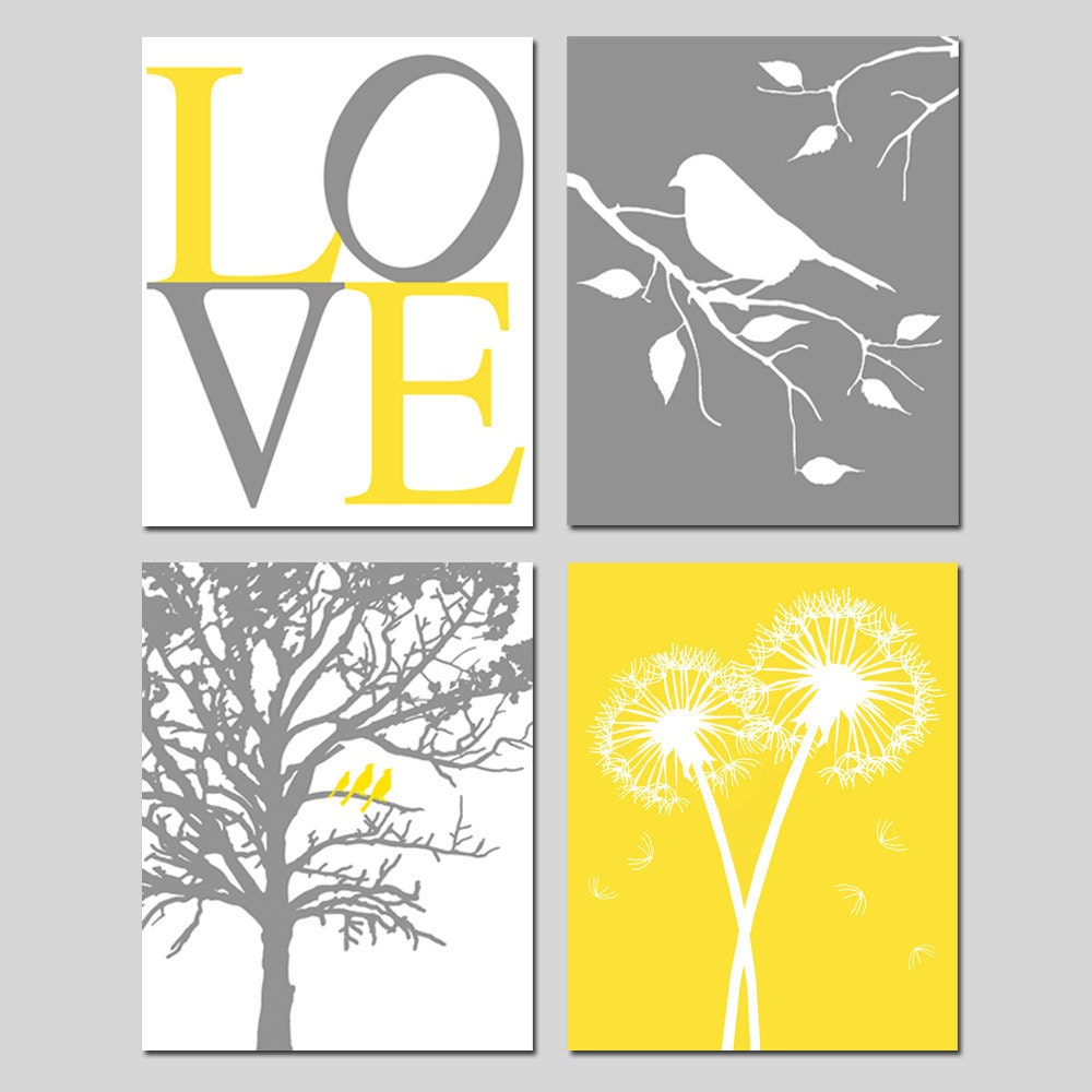 Nursery Quad - Set of Four 8x10 Prints - You Are My Sunshine, LOVE, Birds in a Tree, Tree Dot, Dandelions, Bird on a Branch