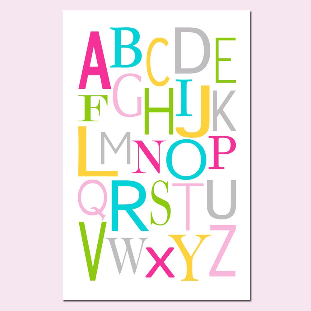 Modern Alphabet - 13x19 Print - Kids Wall Art for Nursery or Playroom - Choose Your Colors - Shown in Pink, Aqua, Yellow, and More