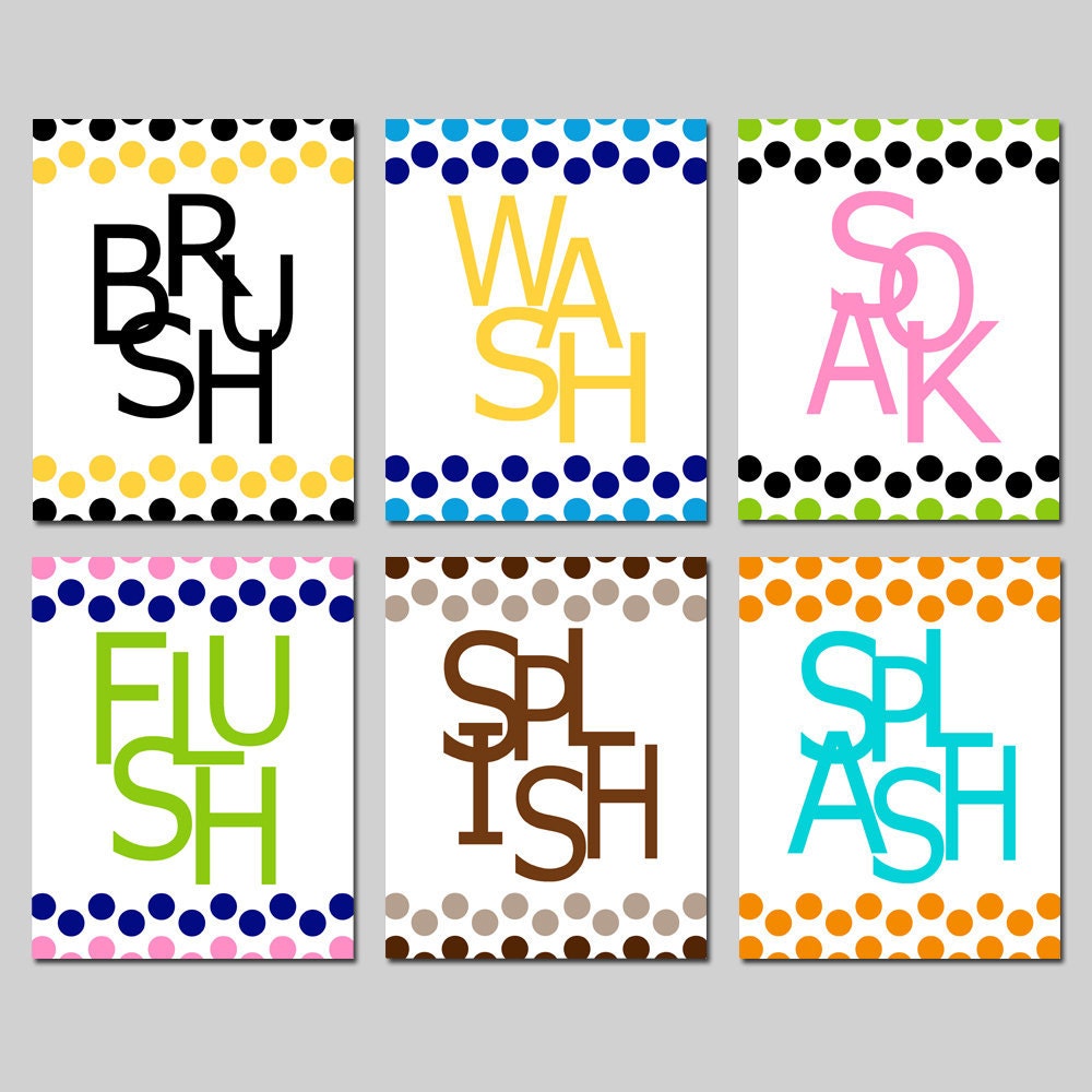 Kids Bathroom Wall Art Print Set - Pick TWO 11x14 Polka Dot Prints - Wash, Brush, Soak, Splish, Splash, Flush - Choose Your Colors