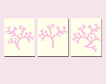 Coral Trio - Set of Three 8x10 Coordinating Coral Silhouette Prints - Choose Your Colors - Shown in Cream and Pink