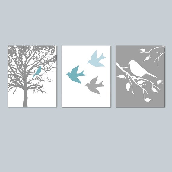 Modern Bird Trio - Set of Three 8x10 Prints - Nursery Decor - Choose Your Colors - Shown in Teal Blue, Baby Blue, White, Gray