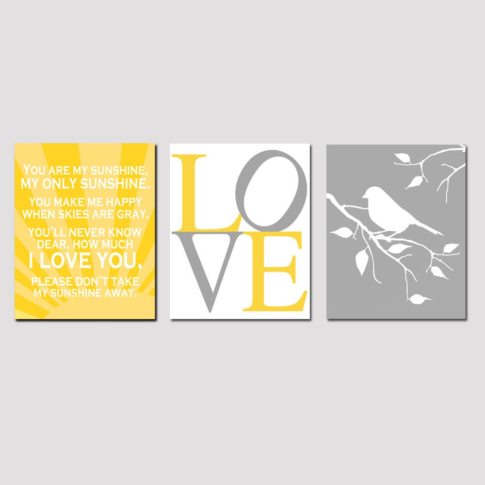 Modern Nursery Trio - Set of Three 8x10 Prints - You Are My Sunshine, LOVE Typography, Bird on a Branch - Yellow, Gray, White, and More