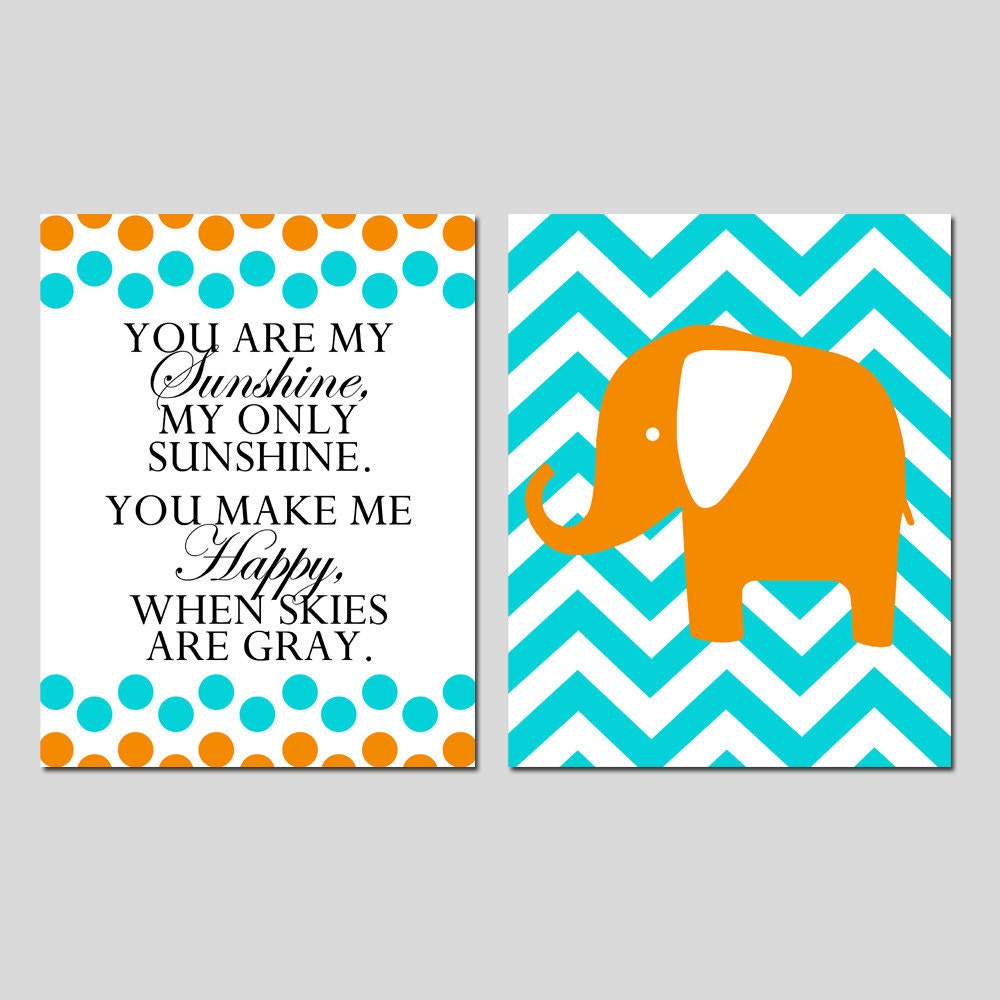 You Are My Sunshine Polka Dot and Chevron Elephant - Set of Two 11x14 Prints - Modern Nursery Art - Choose Your Colors