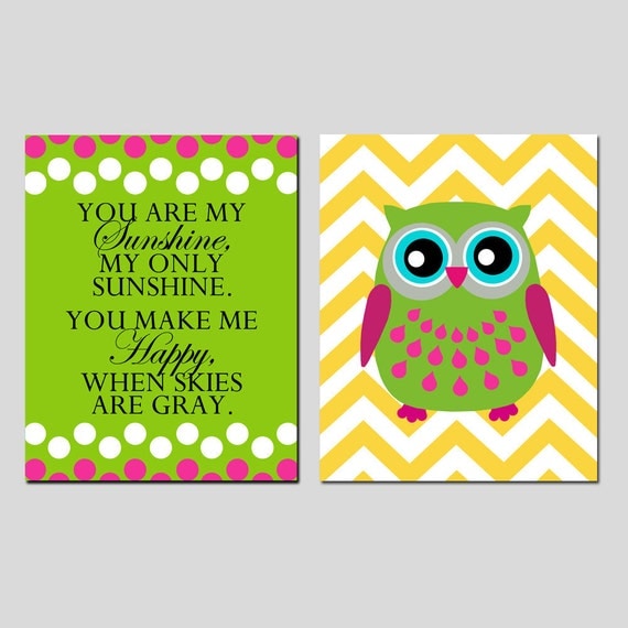 Set of Two 11x14 Prints - You Are My Sunshine Polka Dot and Chevron Owl - Kids Wall Art for Nursery - Choose Your Colors