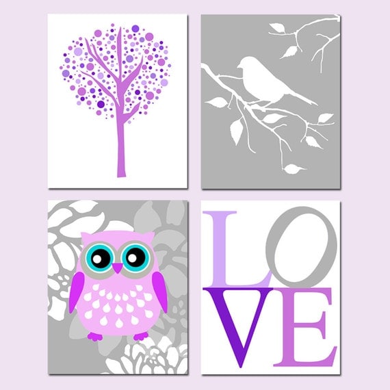 Modern Nursery Quad - Set of Four 8x10 Prints - Tree Dot, Bird On A Branch, Floral Owl, LOVE Typography - Purple, Gray, Lilac, and More