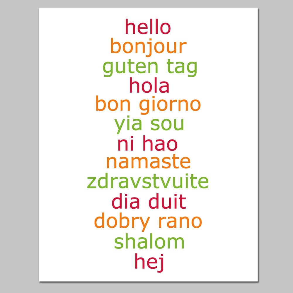 Hello - 8x10 Print - Hello in Different Languages - Choose Your Colors - Shown in Red, Orange, Apple Green
