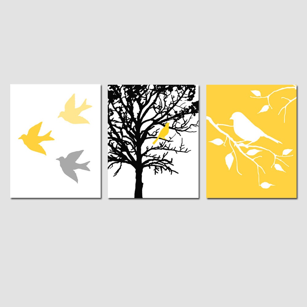 Modern Bird Trio - Set of Three 8x10 Prints - Birds, Branches, Tree - Choose Your Colors - Shown in Yellow, Gray, Black, White, and More
