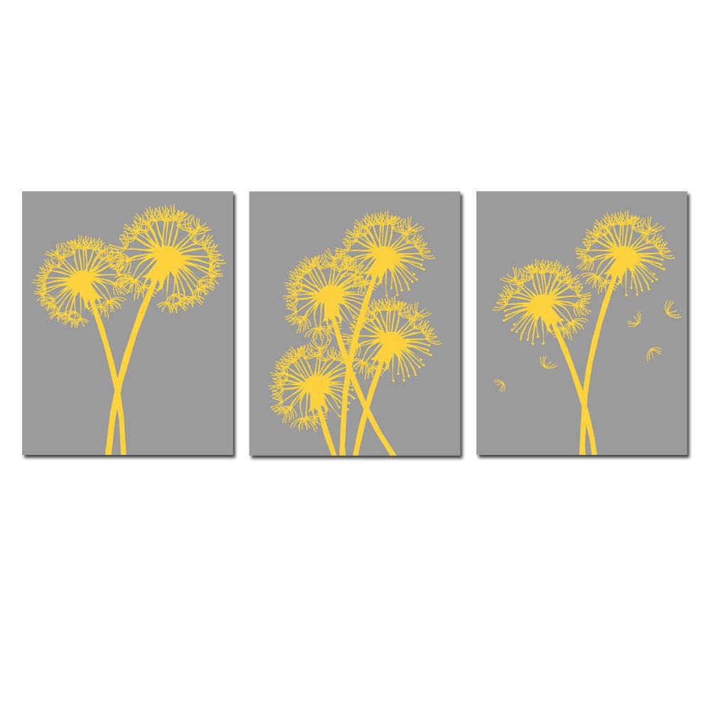 Modern Dandelion Trio - Set of Three 8x10 Coordinating Floral Prints - Choose Your Colors - Shown in Gray and Yellow