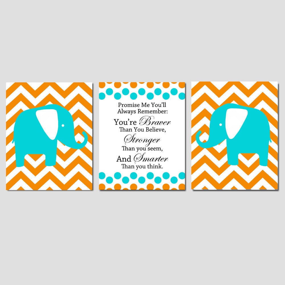 Modern Nursery Trio - Set of Three 8x10 Prints - Winnie The Pooh Braver Quote and Chevron Elephant - Choose Your Colors