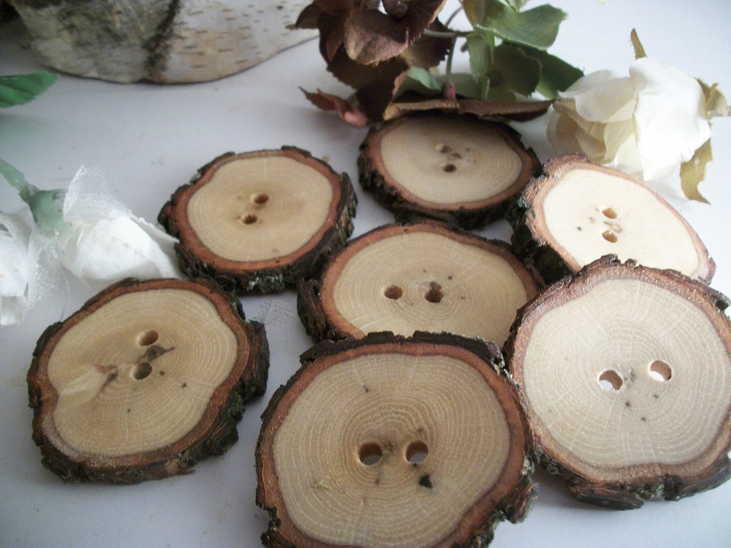 Wooden Buttons - 7 Michigan White Oak Tree Branch Buttons - 1 3/4 Inch or 44 mm For Journals, Hats, Scarves, Knitting, or Crochet projects
