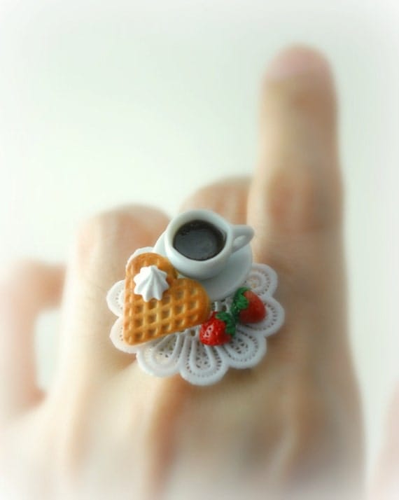 Love Waffle and Hot Cocoa Ring. Food Jewelry. Handmade Miniature Food Scene Jewelry in Polymer Clay.