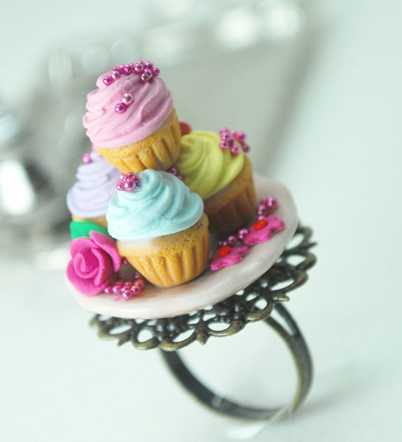 Marie Antoinette Cupcake Ring in Mniature Polymer Clay Food Jewelry