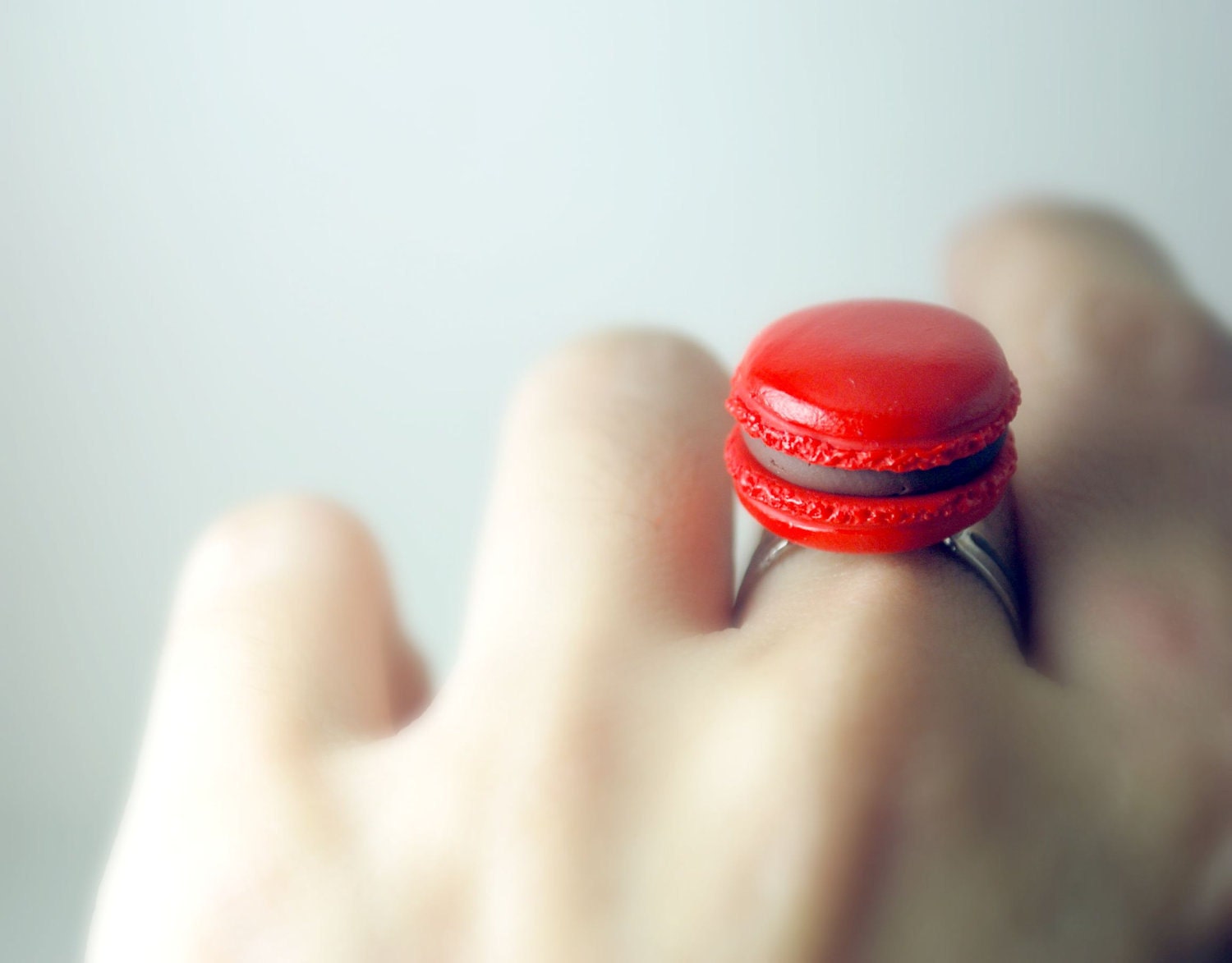 Crimson Red French Macaron Ring in Handmade Polymer Clay Food Jewelry Miniature. Valentine