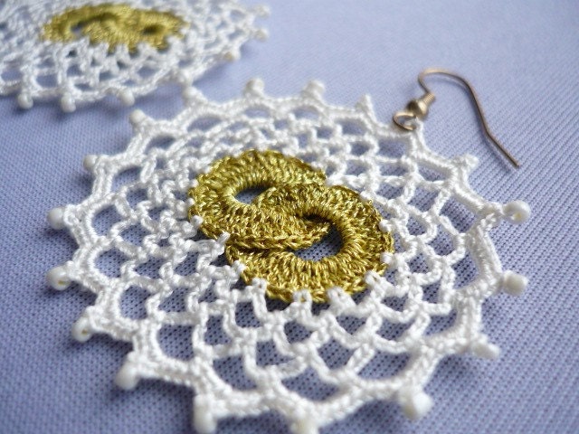YART - Double Moon Crocheted Earrings in gold and cream