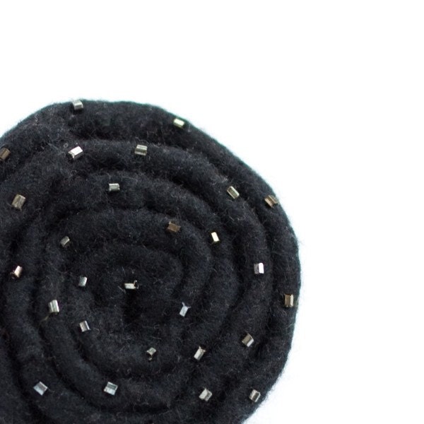 Hand felted stylized flower brooch made from pure wool - Black Rose - ready to ship now - Gift under 50 USD