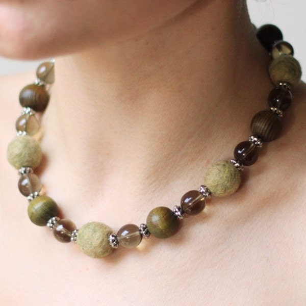 Mossy green necklace with handmade felt, wood and glass Delicate nature touch  Gift under 50 USD Ready to ship Eco winter fashion