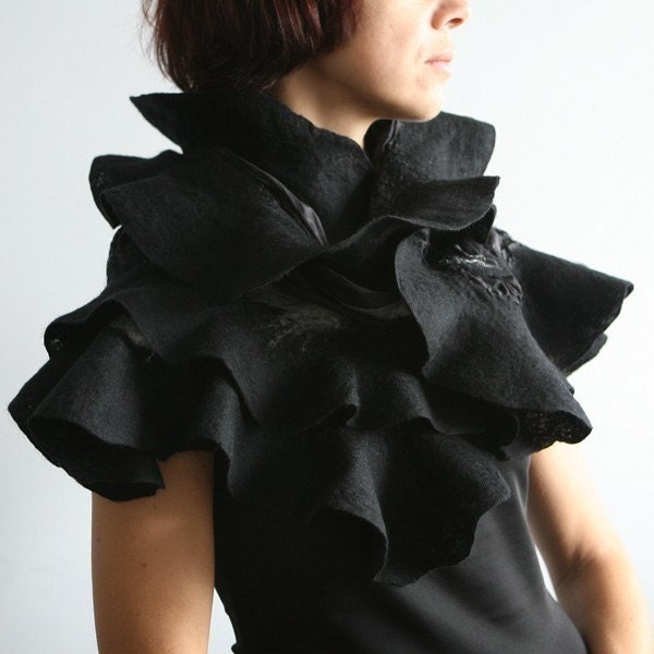 Nuno felted ruffle shawl / wool wavy scarf Black elegance Eco fashion For stylish gothic weddings, any special occasion or everyday wear