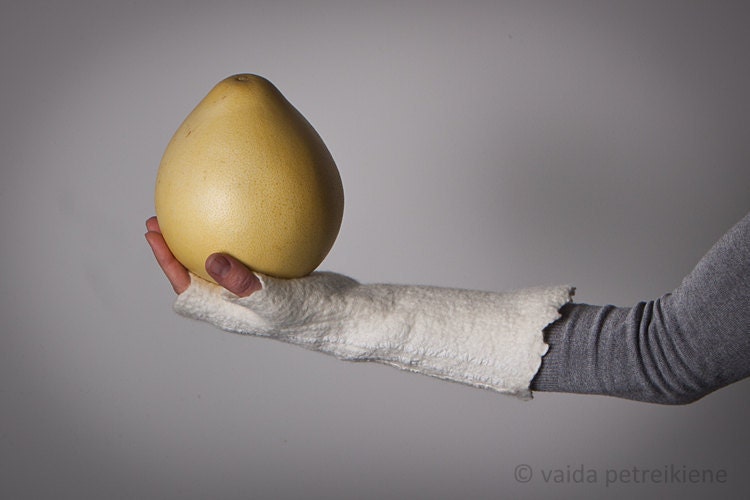 Felted Fingerless Mittens / Gloves / Wool Arm Warmers - In Ivory -  ready to ship now  - Gift under 50 USD