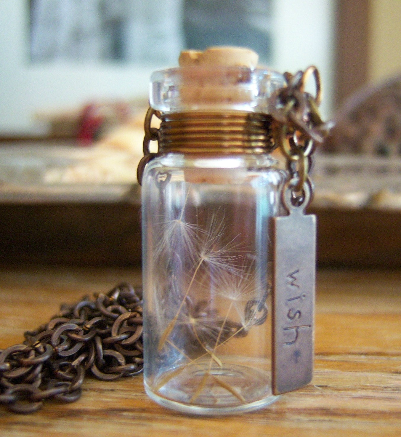 Glass Vial Necklace Glass Bottle Necklace  Make a Wish Necklace with Dandelion Seeds Antique Brass
