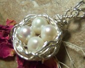 Birds Nest Necklace - Wire Wrapped - Sterling Silver -Freshwater Pearl Eggs - Four Eggs