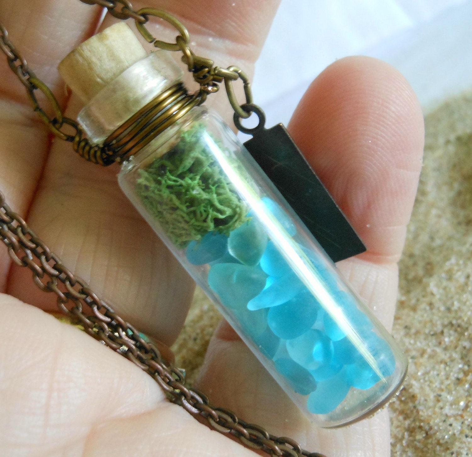 Glass Vial Necklace Bottle Moss Terrarium Seaglass Copper 24 inch Copper Chain with word Inspire Charm Tag Beach Ocean Summer