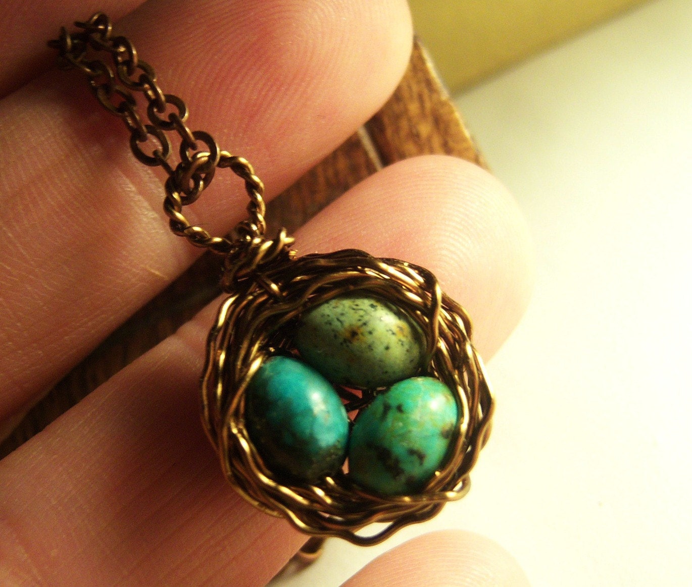 Birds Nest Necklace Solid Copper with Speckled Robins Eggs Gemstone Wire Wrapped