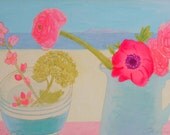 Limited edition Giclee print, titled 'Pink Ranunculus in a Blue Jug'