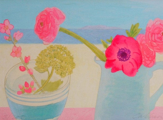 Limited edition Giclee print, titled 'Pink Ranunculus in a Blue Jug'