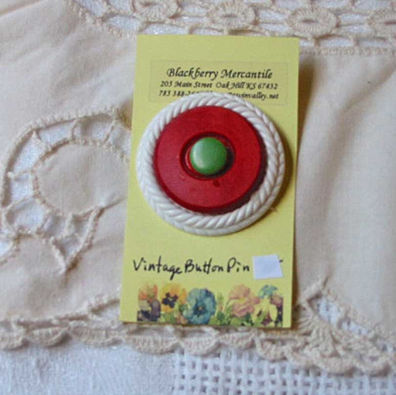 Cherry Red BAKELITE BUTTON Pin or BROOCH, Braided White Button, Celadon Green Center, Mad Men, Vintage Buttons Jewelry, Perfect Mom Gift