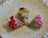 3 Sweet STRAWBERRY SACHET PINCUSHIONS Hand Made, Shell Button, Crystal Beads, Satin Roses, Tear Drop Bead, French Lavender Buds, Neat Gifts