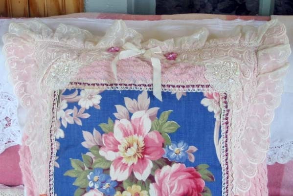 Special PINK PEONY PILLOW Forget Me Not Brides Wedding Gift,  Classic 1940s Blue Floral Drape, Chenille, Lace, Sequins, Roses, Ribbons