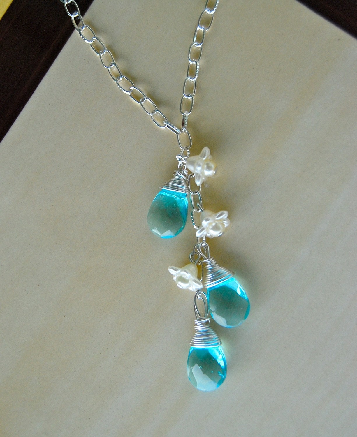 Aqua Cascade Necklace - crystal, silver, flowers