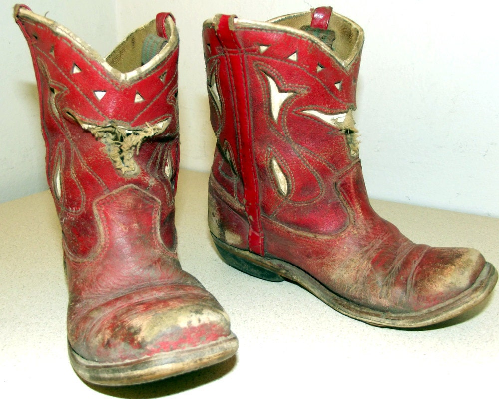 Antique Red Child size Cowboy Boots with white inlay bull design -- Great western theme decor
