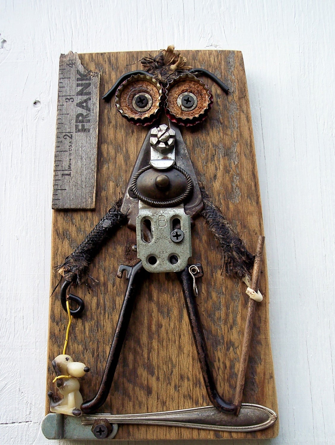 Reclaimed Art assemblage Frank Walks The Dog