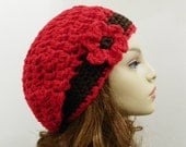 Wool Slouchy Hat in Red and Dark Brown Wool with Flower Embellishment - Hand Crocheted