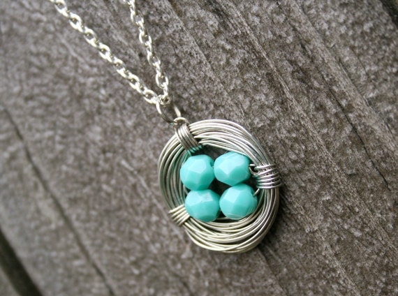 Mama Bird Bird's Nest Necklace - Four Blue Eggs - Great Mother's Day Gift