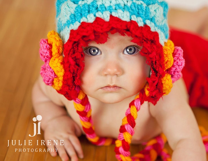 Children Crochet Earflap Beanie Hat Girl Hat Children Earflap Beanie Hat in blue and red READY TO SHIP