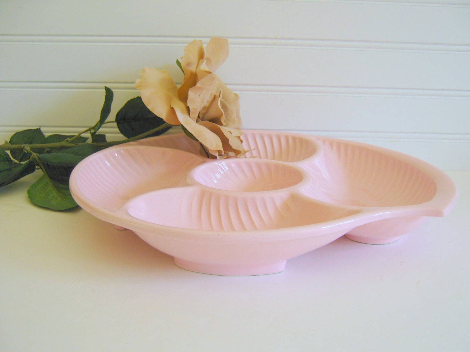 Vintage Pink Platter, Divided Serving Dish, Blush Pink Sea Shell, Mothers Day or Wedding Decor