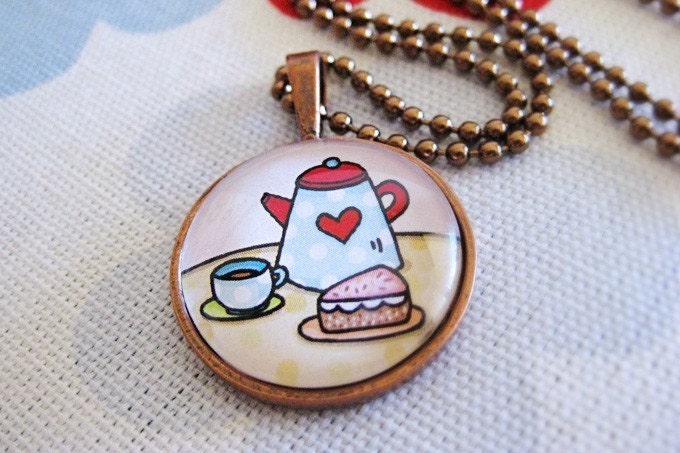 Tea and Cake Glass Pendant - Round copper necklace with teapot and cake slice
