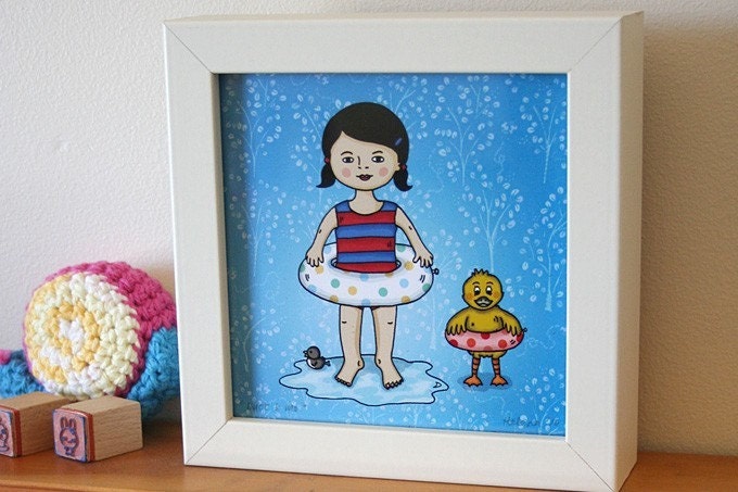 DUCK AND MO ART PRINT 5 x 5 inches by Helena Tay, signed edition, duck and girl, swimming