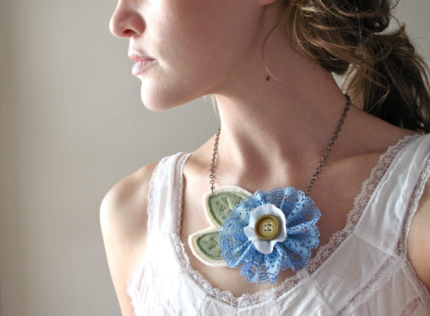Flora Necklace - vintage blue lace and felt flower - statement piece - By Corrieberry Pie