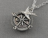 Steampunk Silver Locket, Compass Locket, Swallow Sparrow, Fantasy Locket- JOURNEY