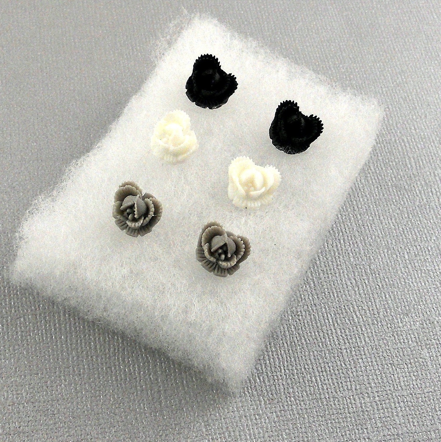 Monochrome, Black White, Gray Grey, Neutral, monochromatic, Uniform Flower Floral, Surgical Steel Ear Post Earrings